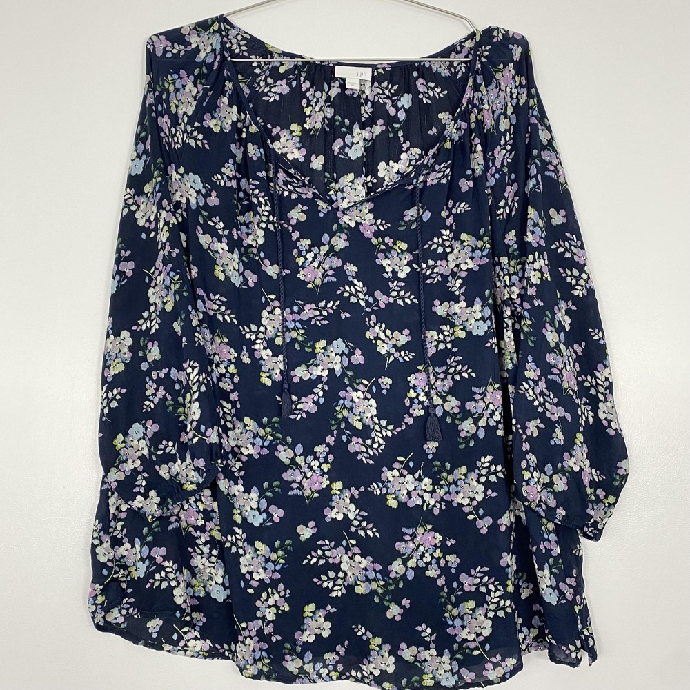 J Jill Shirt Womens XL Blue Floral 3/4 Sleeve Tassel V Neck Boho Tunic Blouse
